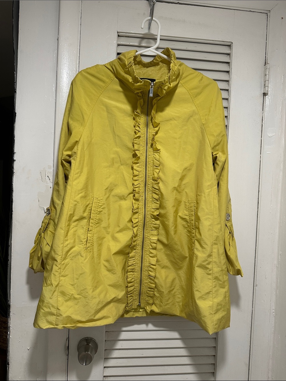 dennis basso Bright Yellow Ruffle-Trim Trench Rain Jacket